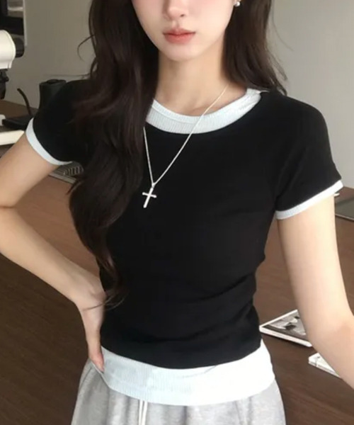 VIVID LADY(ビビッドレディー)の「レイヤード風 リブ 半袖トップス(Tシャツ/カットソー・レディース・チャコールグレー/ブラウン/ライトブルー/ブラック・FREE)」の19枚目の写真