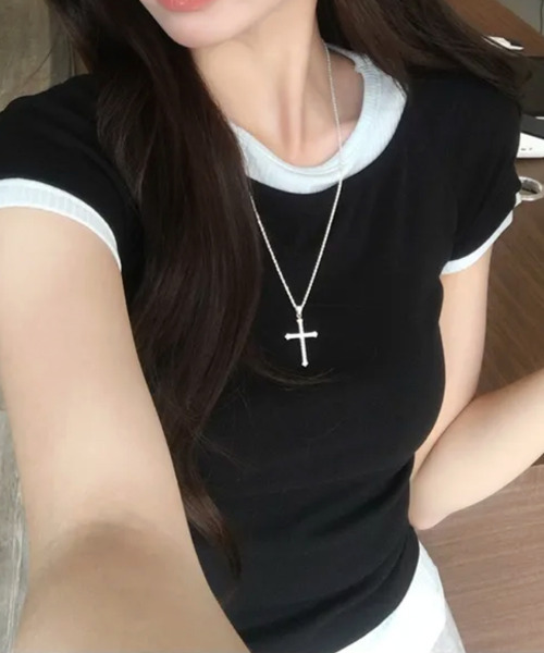 VIVID LADY(ビビッドレディー)の「レイヤード風 リブ 半袖トップス(Tシャツ/カットソー・レディース・チャコールグレー/ブラウン/ライトブルー/ブラック・FREE)」の20枚目の写真