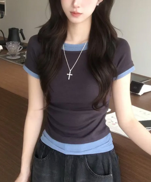 VIVID LADY(ビビッドレディー)の「レイヤード風 リブ 半袖トップス(Tシャツ/カットソー・レディース・チャコールグレー/ブラウン/ライトブルー/ブラック・FREE)」の9枚目の写真
