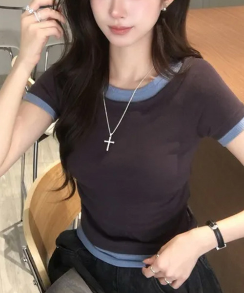 VIVID LADY(ビビッドレディー)の「レイヤード風 リブ 半袖トップス(Tシャツ/カットソー・レディース・チャコールグレー/ブラウン/ライトブルー/ブラック・FREE)」の12枚目の写真
