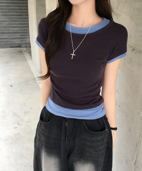 VIVID LADY(ビビッドレディー)の「レイヤード風 リブ 半袖トップス(Tシャツ/カットソー・レディース・チャコールグレー/ブラウン/ライトブルー/ブラック・FREE)」の13枚目の写真