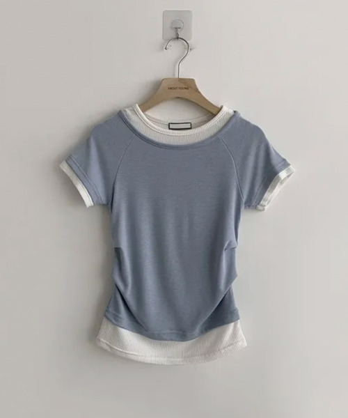 VIVID LADY(ビビッドレディー)の「レイヤード風 リブ 半袖トップス(Tシャツ/カットソー・レディース・チャコールグレー/ブラウン/ライトブルー/ブラック・FREE)」の15枚目の写真