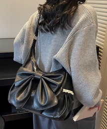 コットンレース サイドポケット ビッグリボン フェイクレザー ショルダーバッグ