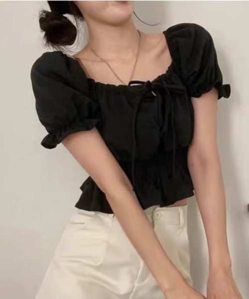Beststore(ベストストア)の「2WAY仕様!オフショル シャーリング フリルブラウス 半袖 全5色(シャツ/ブラウス・レディース・ピンク/ブルー/ブラック/ホワイト/アイボリー・FREE)」の4枚目の写真