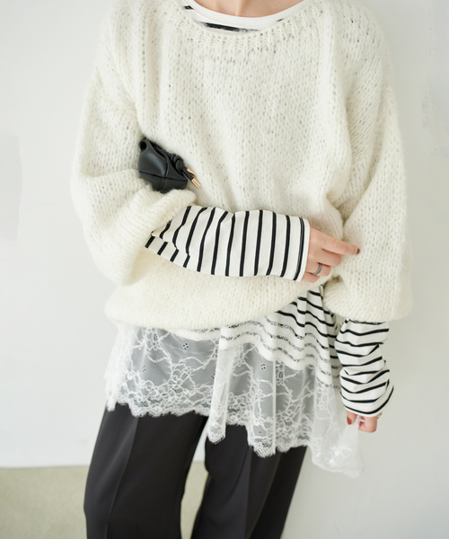 SLOBE IENA(スローブイエナ)の「《シリーズあり》レースコンビボーダーカットソー(Tシャツ/カットソー・レディース・ブラック/ホワイト・FREE)」の2枚目の写真