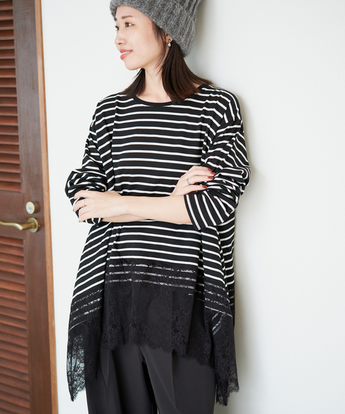 SLOBE IENA(スローブイエナ)の「《シリーズあり》レースコンビボーダーカットソー(Tシャツ/カットソー・レディース・ブラック/ホワイト・FREE)」の1枚目の写真