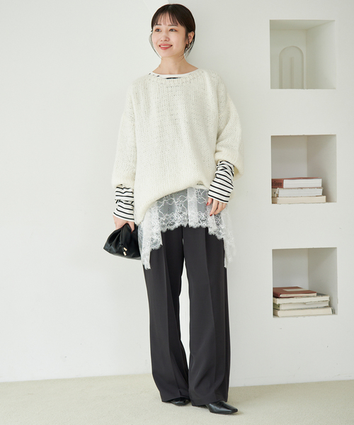 SLOBE IENA(スローブイエナ)の「《シリーズあり》レースコンビボーダーカットソー(Tシャツ/カットソー・レディース・ブラック/ホワイト・FREE)」の5枚目の写真