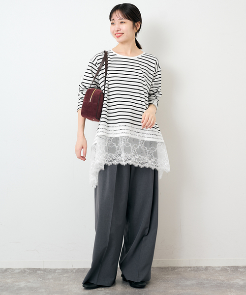 SLOBE IENA(スローブイエナ)の「《シリーズあり》レースコンビボーダーカットソー(Tシャツ/カットソー・レディース・ブラック/ホワイト・FREE)」の6枚目の写真