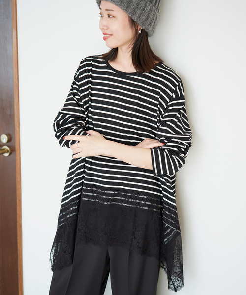 SLOBE IENA(スローブイエナ)の「《シリーズあり》レースコンビボーダーカットソー(Tシャツ/カットソー・レディース・ブラック/ホワイト・FREE)」の7枚目の写真