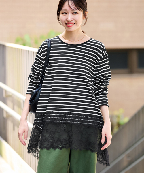 SLOBE IENA(スローブイエナ)の「《シリーズあり》レースコンビボーダーカットソー(Tシャツ/カットソー・レディース・ブラック/ホワイト・FREE)」の8枚目の写真