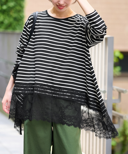 SLOBE IENA(スローブイエナ)の「《シリーズあり》レースコンビボーダーカットソー(Tシャツ/カットソー・レディース・ブラック/ホワイト・FREE)」の9枚目の写真