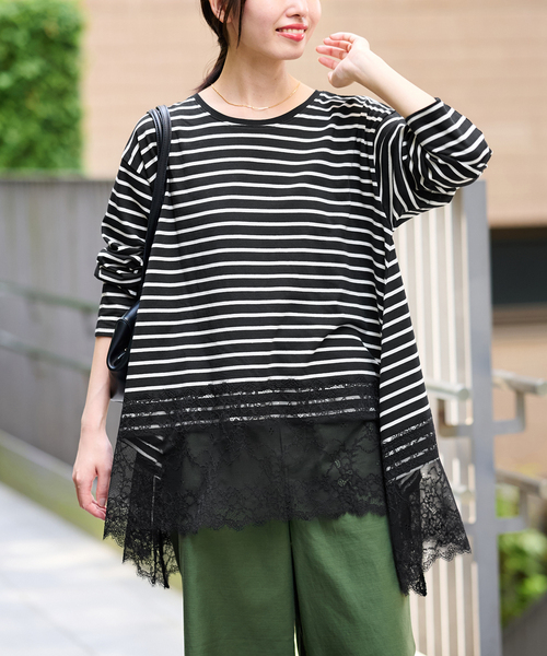SLOBE IENA(スローブイエナ)の「《シリーズあり》レースコンビボーダーカットソー(Tシャツ/カットソー・レディース・ブラック/ホワイト・FREE)」の10枚目の写真