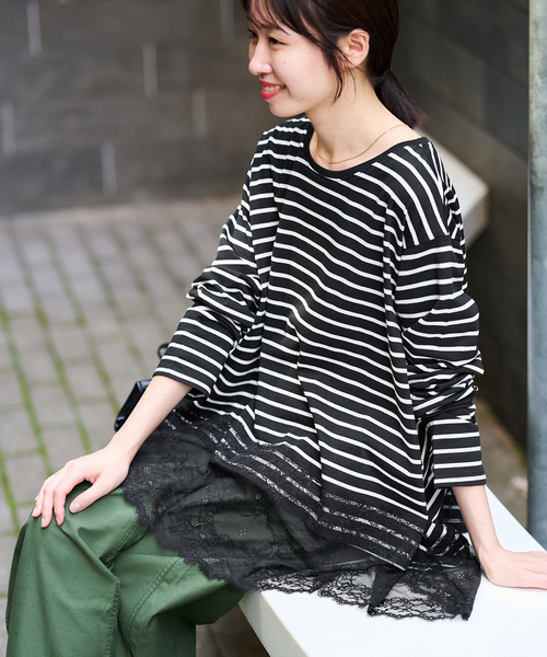 SLOBE IENA(スローブイエナ)の「《シリーズあり》レースコンビボーダーカットソー(Tシャツ/カットソー・レディース・ブラック/ホワイト・FREE)」の18枚目の写真