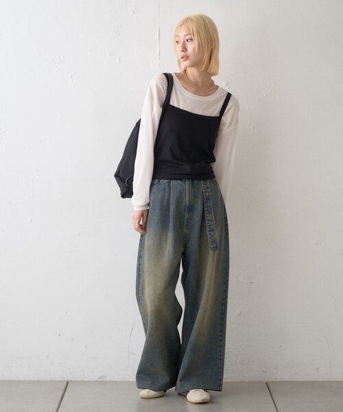 CIAOPANIC TYPY(チャオパニックティピー)の「【UNISEX】ベルト付きオーバーダイ加工ワイドデニムパンツ(デニムパンツ・レディース・ブルー/ブラウン・LARGE/MEDIUM)」の3枚目の写真