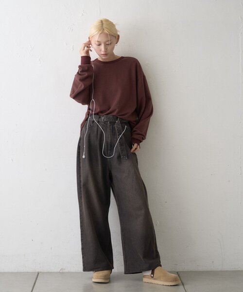 CIAOPANIC TYPY(チャオパニックティピー)の「【UNISEX】ベルト付きオーバーダイ加工ワイドデニムパンツ(デニムパンツ・レディース・ブルー/ブラウン・LARGE/MEDIUM)」の4枚目の写真