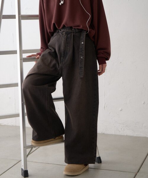 CIAOPANIC TYPY(チャオパニックティピー)の「【UNISEX】ベルト付きオーバーダイ加工ワイドデニムパンツ(デニムパンツ・レディース・ブルー/ブラウン・LARGE/MEDIUM)」の12枚目の写真