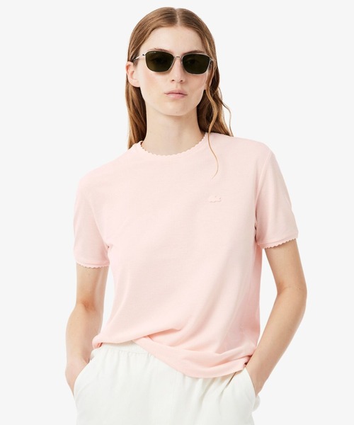 LACOSTE(ラコステ)の「飾り切りネックワントーンTシャツ(Tシャツ/カットソー・レディース・オフホワイト/ライトピンク・34/38/36/40)」の1枚目の写真