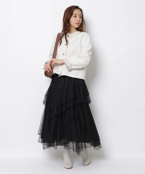JUSGLITTY（ジャスグリッティー）の「シアーフリルスカート（スカート・レディース・ブラック/オフホワイト/ダークブラウン・2/1/0）」の12枚目の写真