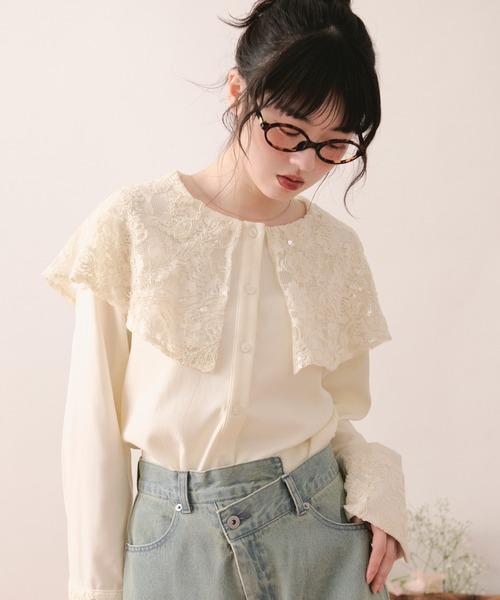 loin nuit(ロワンニュイ)の「spanglelace big collar blouse / スパンコールレースビッグカラーブラウス(シャツ/ブラウス・レディース・アイボリー・FREE)」の4枚目の写真
