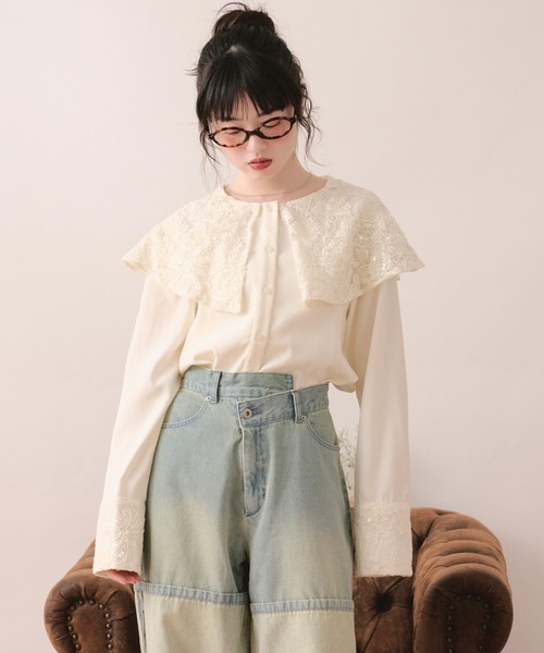 loin nuit(ロワンニュイ)の「spanglelace big collar blouse / スパンコールレースビッグカラーブラウス(シャツ/ブラウス・レディース・アイボリー・FREE)」の5枚目の写真