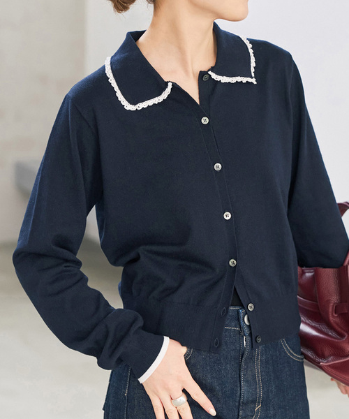Spick & Span(スピックアンドスパン)の「《一部店舗+WEB限定》フリルレースポロシャツニットカーディガン(カーディガン/ボレロ・レディース・グレー/ネイビー・FREE)」の2枚目の写真