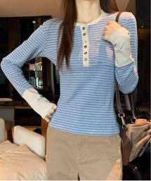配色ヘンリーネックボーダー長袖トップス