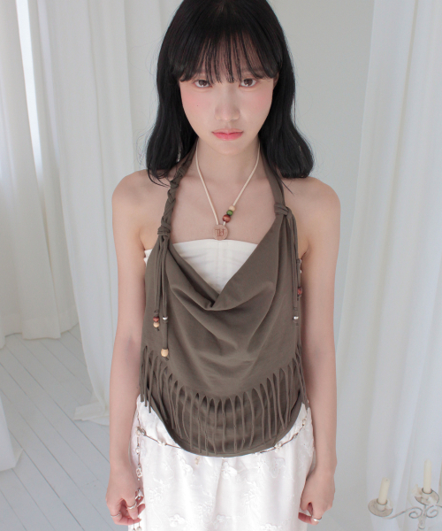 RUBATI(ルバティ)の「アニタ・ロー フリンジカウルホルターネックノースリーブビーズトップ_ブラウン(Tシャツ/カットソー・レディース・その他・1/2)」の1枚目の写真