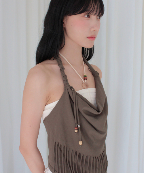 RUBATI(ルバティ)の「アニタ・ロー フリンジカウルホルターネックノースリーブビーズトップ_ブラウン(Tシャツ/カットソー・レディース・その他・1/2)」の2枚目の写真