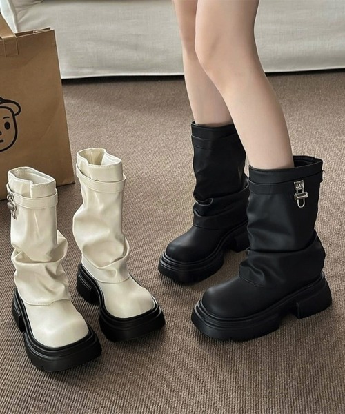 Miniministore(ミニミニストア)の「カバーブーツレディースミドルブーツ厚底靴(ブーツ・レディース・アイボリー/ブラック・24.5cm/24.0cm/23.5cm/23.0cm/22.5cm)」の8枚目の写真