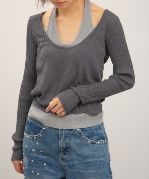 Chiina(チーナ)の「Chiina / ホルターネックレイヤード風リブトップス(ニット/セーター・レディース・アイボリー/ダークグレー/マスタード/チャコールグレー・FREE)」の14枚目の写真