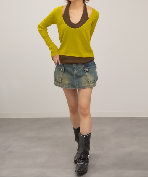 Chiina(チーナ)の「Chiina / ホルターネックレイヤード風リブトップス(ニット/セーター・レディース・アイボリー/ダークグレー/マスタード/チャコールグレー・FREE)」の16枚目の写真