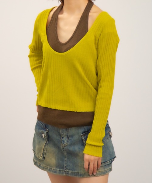 Chiina(チーナ)の「Chiina / ホルターネックレイヤード風リブトップス(ニット/セーター・レディース・アイボリー/ダークグレー/マスタード/チャコールグレー・FREE)」の6枚目の写真