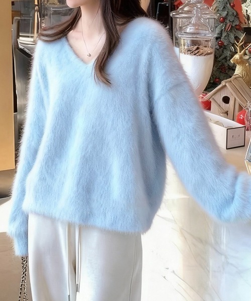 FLINEA(フリネア)の「シンプルVネック長袖ニットトップス(ニット/セーター・レディース・ライトブルー/ホワイト/イエロー/レッド/ブラウン・FREE)」の3枚目の写真