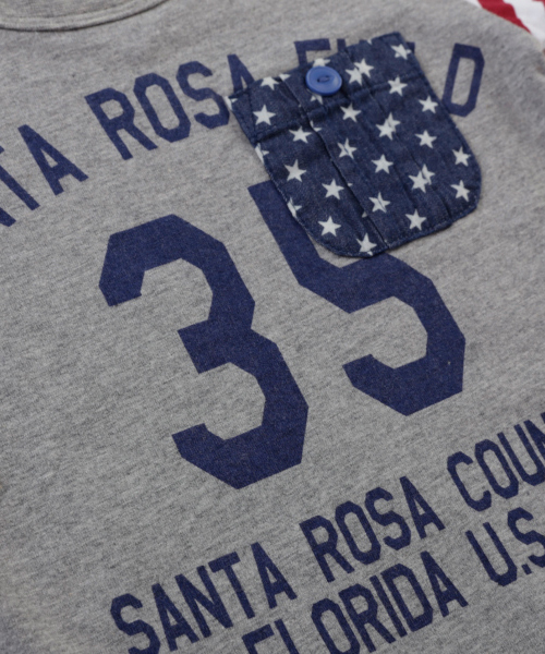 トドラーボーイズH.Rollers35ロゴ&ボーダー袖半袖Tシャツ 杢グレー 《motherways|マザウェイズ》 トドラーボーイズH.Rollers35ロゴ&ボーダー袖半袖Tシャツ 杢グレー 《motherways|マザウェイズ》