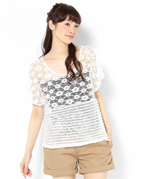 mystic（ミスティック）の「レース切替T（Tシャツ/カットソー・レディース・ブラック/ベージュ/オフホワイト・ﾌﾘ-）」の2枚目の写真