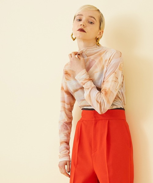 STUDIOUS（ステュディオス）の「【STUDIOUS】マーブルプリントシアートップス／レイヤードトップス（Tシャツ/カットソー・レディース・オレンジ/グレー・FREE）」の3枚目の写真