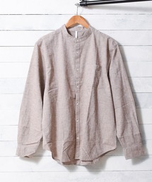 【Ir】ストレッチ　ノーカラーリネンシャツ