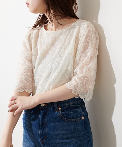 natural couture（ナチュラルクチュール）の「袖口スカラップフラワーレースブラウス（シャツ/ブラウス・レディース・ブラック/アイボリー/ミント・FREE）」の5枚目の写真