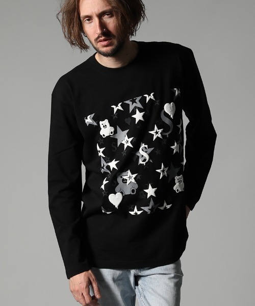 STUD MUFFIN（スタッドマフィン）の「mlt3396-5.6ozコットン天竺 ベアハートマルチフォームプリント LS Tシャツ（Tシャツ/カットソー・メンズ・ホワイト/ブラック・2/4/3）」の2枚目の写真