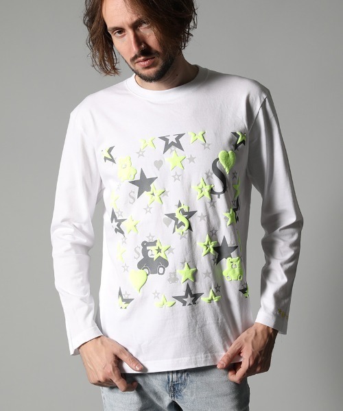STUD MUFFIN（スタッドマフィン）の「mlt3396-5.6ozコットン天竺 ベアハートマルチフォームプリント LS Tシャツ（Tシャツ/カットソー・メンズ・ホワイト/ブラック・2/4/3）」の3枚目の写真