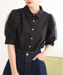 袖チュールパールボタンブラウス
