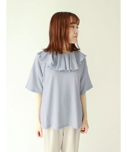 ehka sopo（エヘカソポ）の「カット楊柳ラッフル衿プルオーバー（Tシャツ/カットソー・レディース・オフホワイト/ブラック/サックスブルー・ﾌﾘ-）」の3枚目の写真