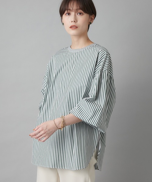 un dix cors(アンディコール)の「後ろ姿も可愛い ストライプ2wayレースUPブラウス(シャツ/ブラウス・レディース・グリーン/キャメル・FREE)」の7枚目の写真