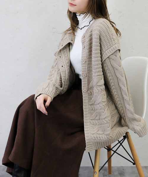 Per sist ence（パーシエンス）の「Per sist ence/パーシエンス　編み時切替 2WAYカーディガン（カーディガン/ボレロ・レディース・ブラック/グレイッシュベージュ/キャメル/アイボリー・FREE）」の4枚目の写真