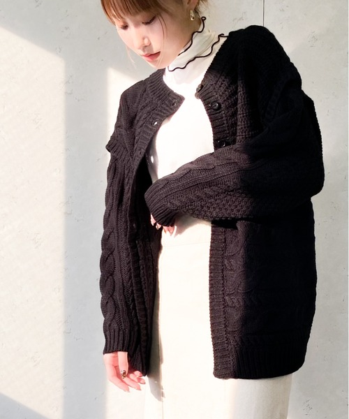 Per sist ence（パーシエンス）の「Per sist ence/パーシエンス　編み時切替 2WAYカーディガン（カーディガン/ボレロ・レディース・ブラック/グレイッシュベージュ/キャメル/アイボリー・FREE）」の3枚目の写真