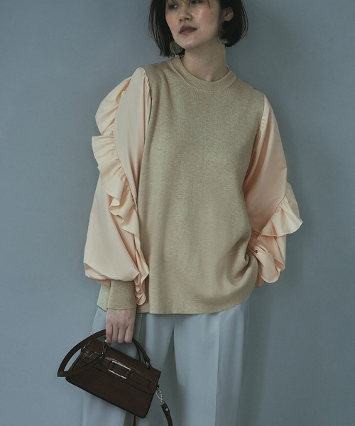 RUIRUE BOUTIQUE(ルイルエブティック)の「フリルスリーブプルオーバーニット | クルーネック トップス フリル ベーシック リボン シンプル シフォン(ニット/セーター・レディース・ベージュ/ブラック×ホワイト/ベージュ系その他・M/L)」の14枚目の写真