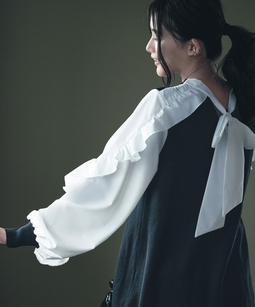 RUIRUE BOUTIQUE(ルイルエブティック)の「フリルスリーブプルオーバーニット | クルーネック トップス フリル ベーシック リボン シンプル シフォン(ニット/セーター・レディース・ベージュ/ブラック×ホワイト/ベージュ系その他・M/L)」の21枚目の写真