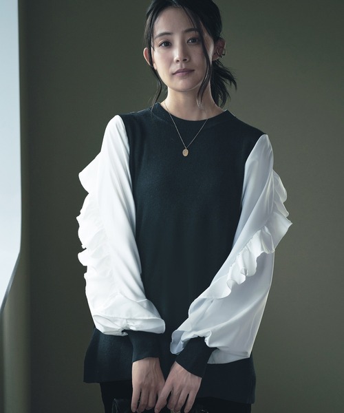 RUIRUE BOUTIQUE(ルイルエブティック)の「フリルスリーブプルオーバーニット | クルーネック トップス フリル ベーシック リボン シンプル シフォン(ニット/セーター・レディース・ベージュ/ブラック×ホワイト/ベージュ系その他・M/L)」の22枚目の写真