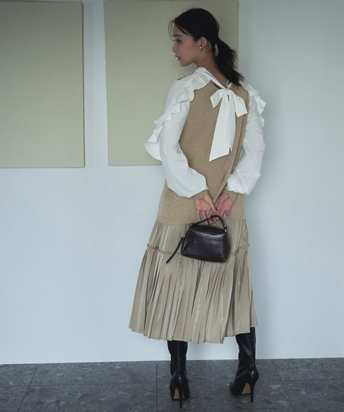 RUIRUE BOUTIQUE(ルイルエブティック)の「フリルスリーブプルオーバーニット | クルーネック トップス フリル ベーシック リボン シンプル シフォン(ニット/セーター・レディース・ベージュ/ブラック×ホワイト/ベージュ系その他・M/L)」の16枚目の写真