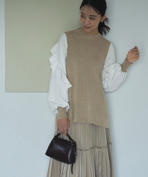 RUIRUE BOUTIQUE(ルイルエブティック)の「フリルスリーブプルオーバーニット | クルーネック トップス フリル ベーシック リボン シンプル シフォン(ニット/セーター・レディース・ベージュ/ブラック×ホワイト/ベージュ系その他・M/L)」の19枚目の写真